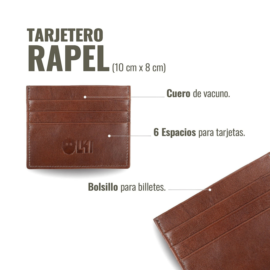 Tarjetero Rapel Castaño de piel de vacuno con 6 espacios para tarjetas y bolsillo para billetes. Diseño minimalista y elegante.