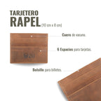 Tarjetero Rapel Habano de piel de vacuno con 6 espacios para tarjetas y bolsillo para billetes. Diseño minimalista.