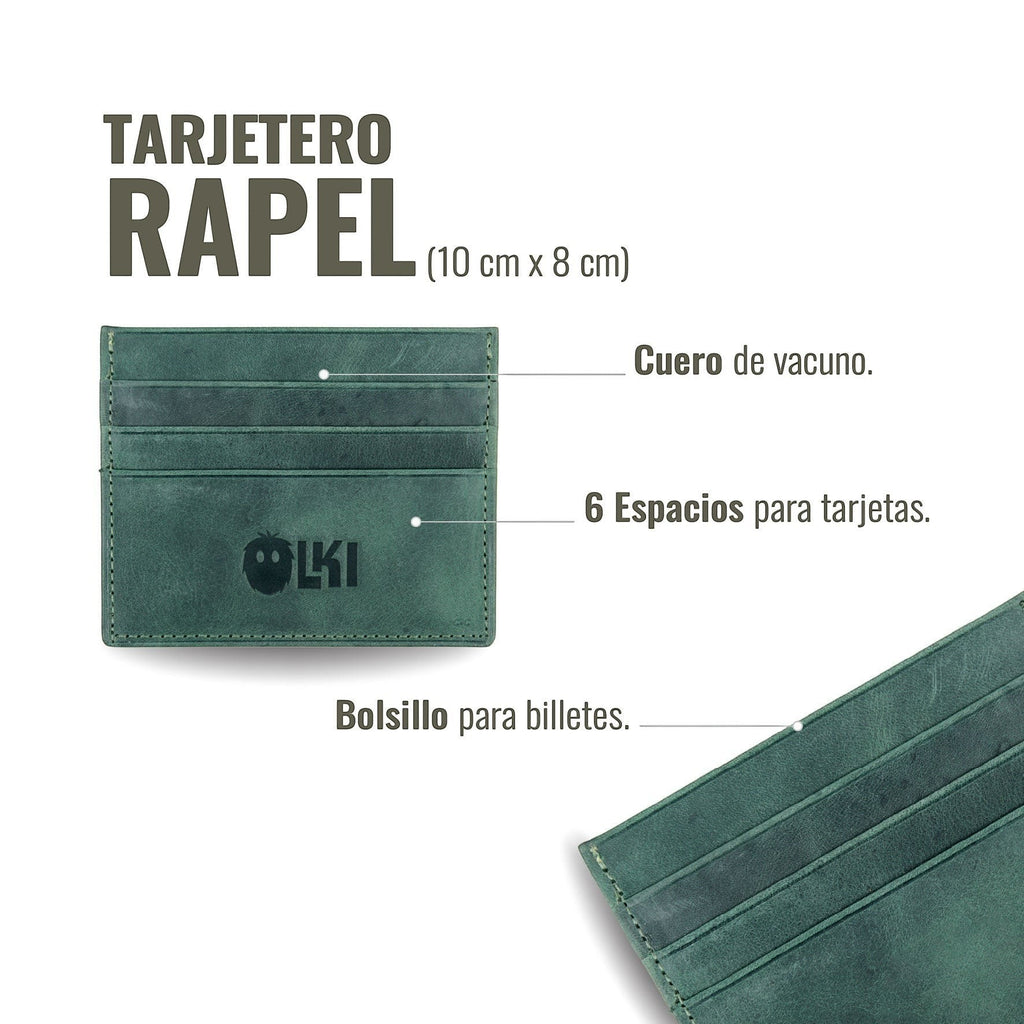 Tarjetero Rapel Verde Musgo de piel de vacuno de OLKI con 6 espacios para tarjetas y bolsillo para billetes.