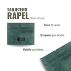 Tarjetero Rapel Verde Musgo de piel de vacuno de OLKI con 6 espacios para tarjetas y bolsillo para billetes.
