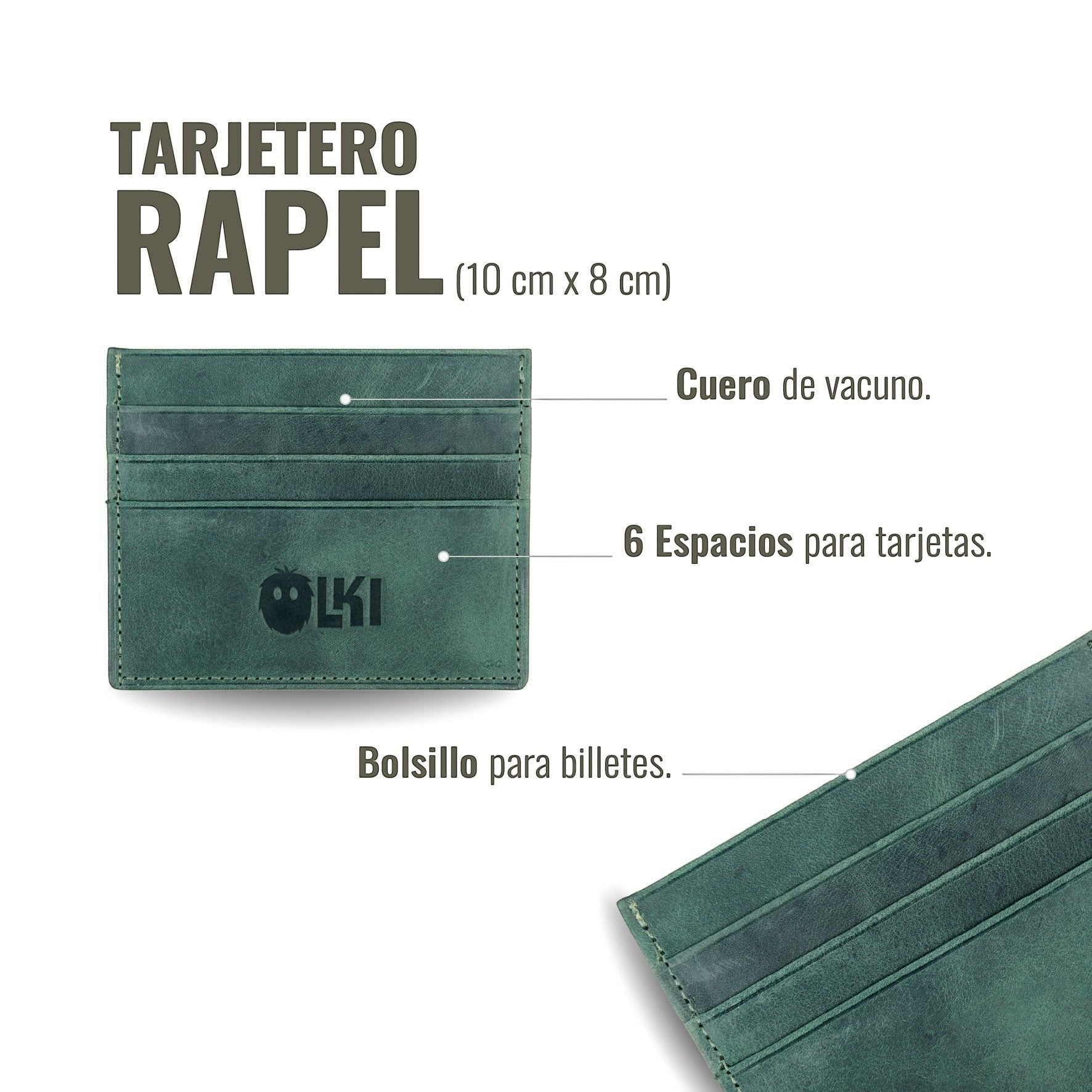 Tarjetero Rapel Verde Musgo de piel de vacuno de OLKI con 6 espacios para tarjetas y bolsillo para billetes.