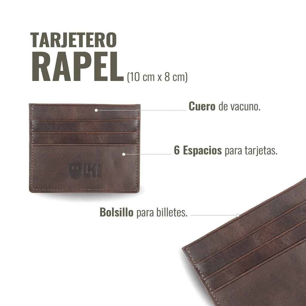 Tarjetero Rapel Chocolate de piel de vacuno con 6 espacios para tarjetas y bolsillo para billetes. OLKI.