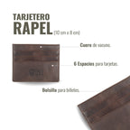 Tarjetero Rapel Chocolate de piel de vacuno con 6 espacios para tarjetas y bolsillo para billetes. OLKI.