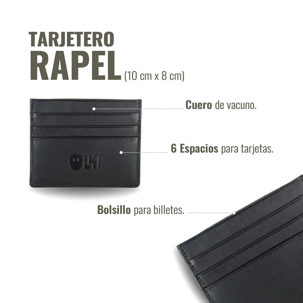 Tarjetero Rapel Negro de cuero de vacuno de OLKI con 6 espacios para tarjetas y bolsillo para billetes.