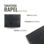 Tarjetero Rapel Negro de cuero de vacuno de OLKI con 6 espacios para tarjetas y bolsillo para billetes.
