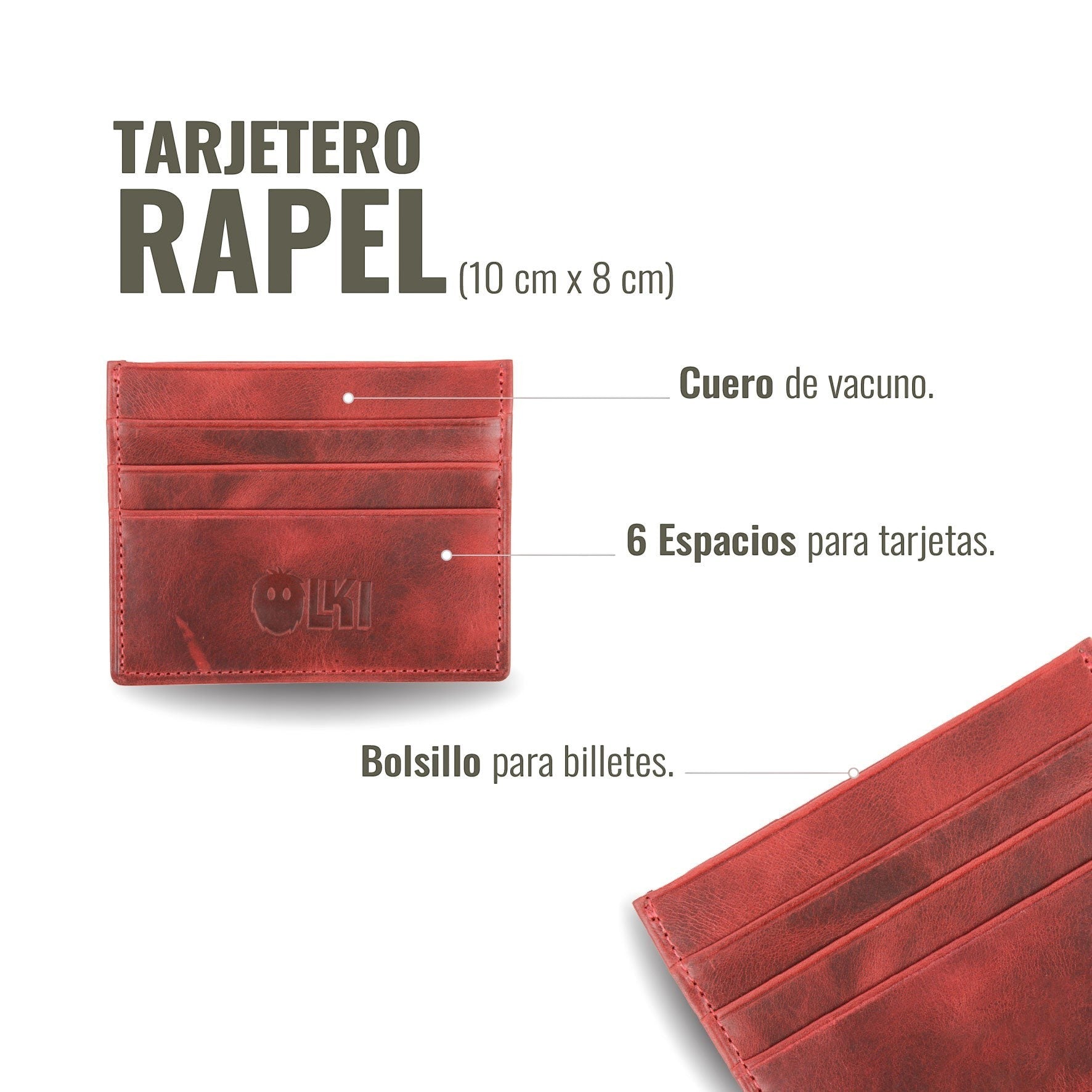 Tarjetero Rapel Rojo de cuero de vacuno con 6 espacios para tarjetas y bolsillo para billetes. Marca OLKI.