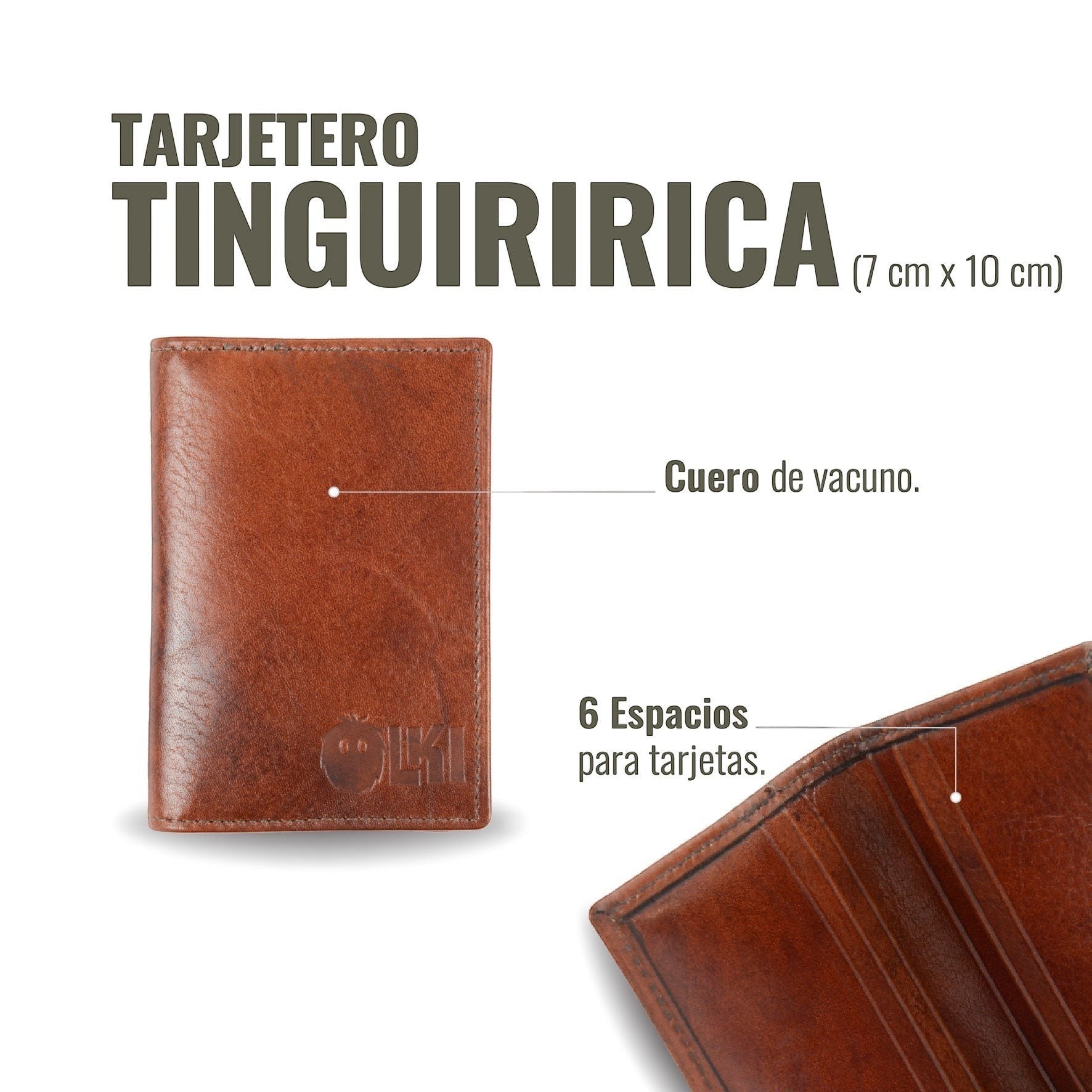 Tarjetero Tinguiririca Castaño de cuero de vacuno OLKI con 6 espacios para tarjetas. Medidas 7x10 cm.