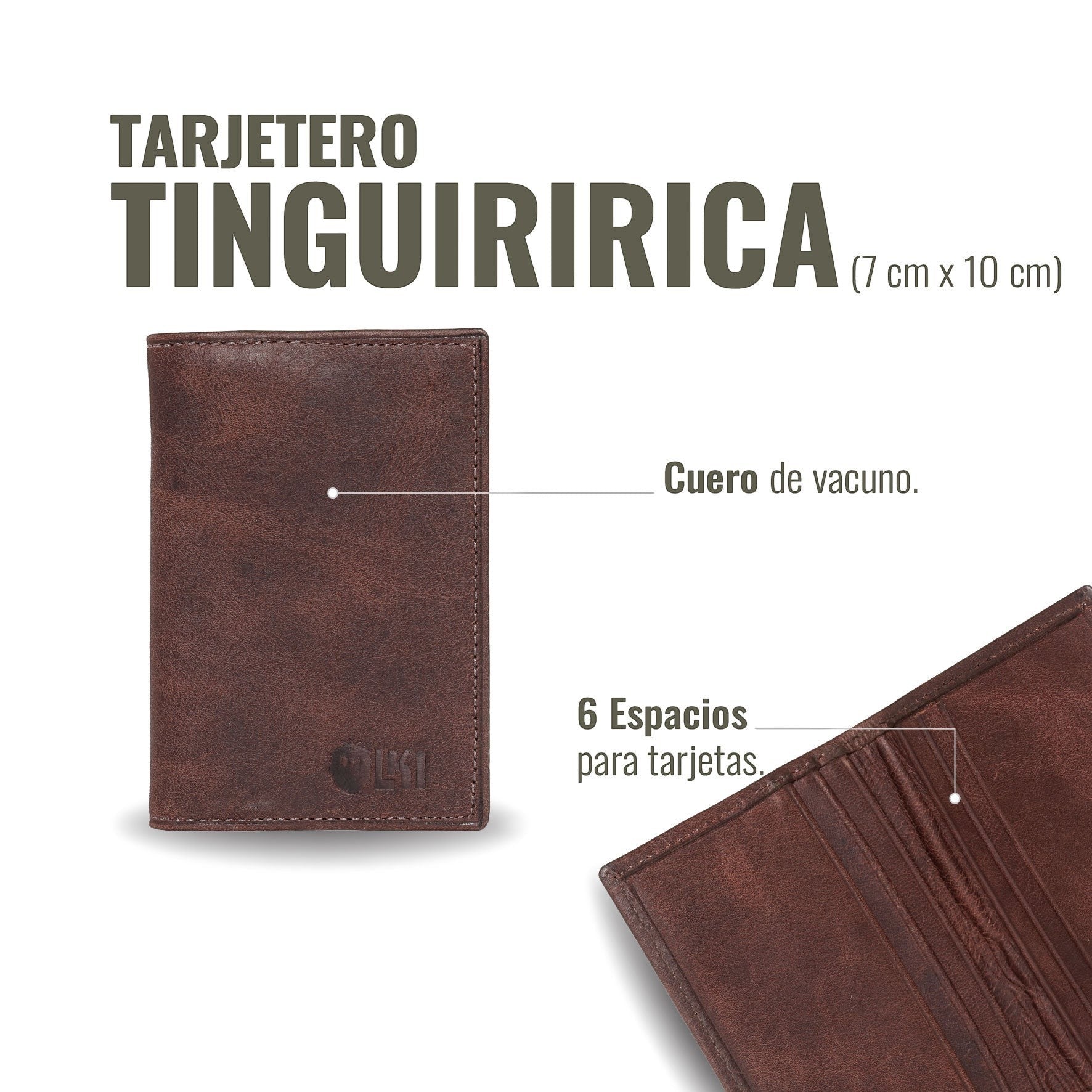 Tarjetero OLKI Tinguiririca Chocolate de cuero de vacuno con 6 espacios para tarjetas.
