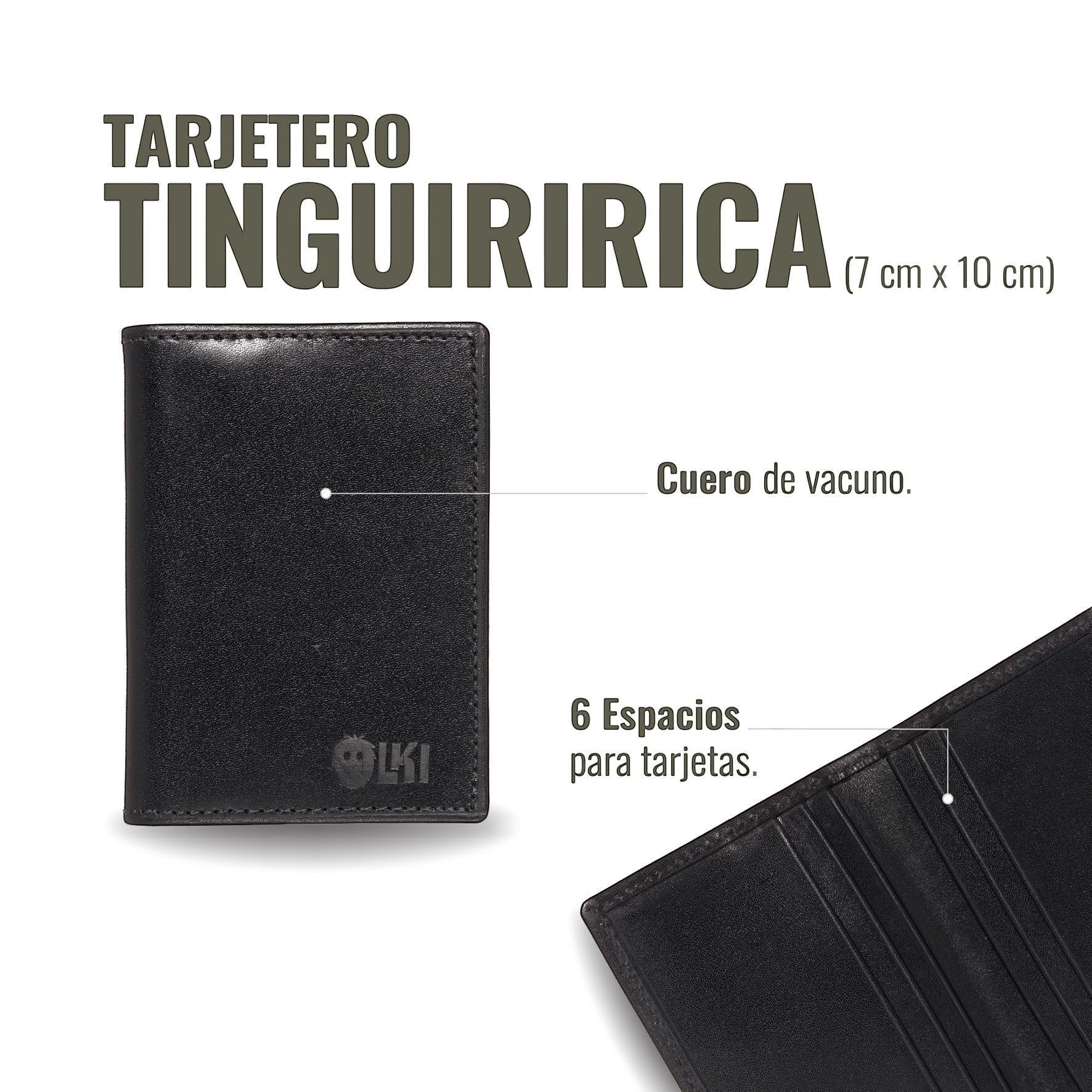 Tarjetero Tinguiririca Negro de cuero de vacuno de OLKI con 6 espacios para tarjetas. Diseño minimalista y compacto.