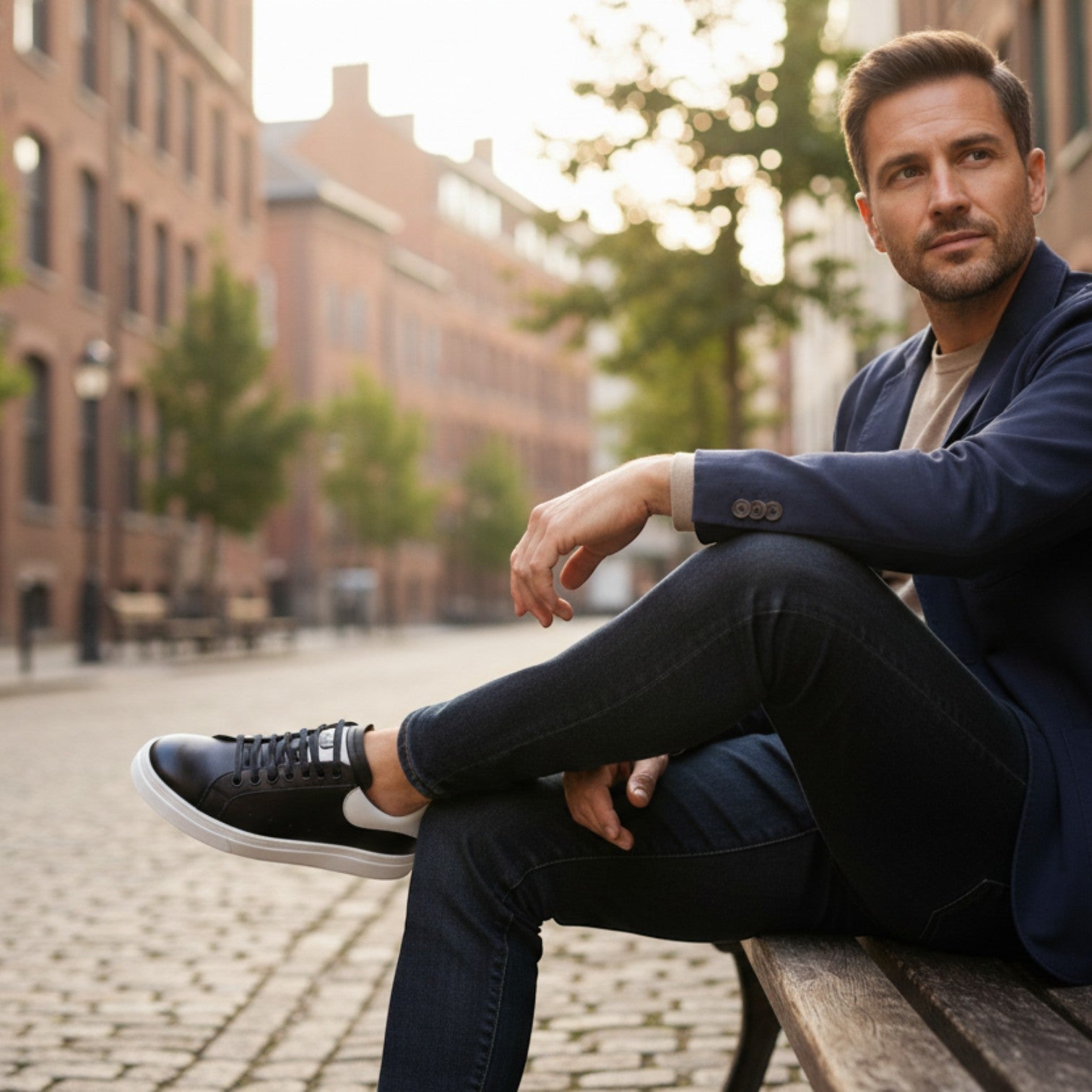 Hombre sentado en un banco usando zapatillas OLKI Alexander de cuero negro con detalles blancos y estilo artesanal