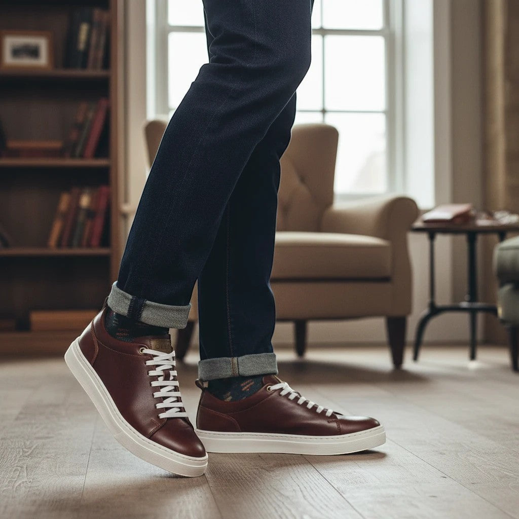 Zapatilla marrón de cuero para hombre OLKI Calán con cordones blancos y suela blanca, estilo casual.