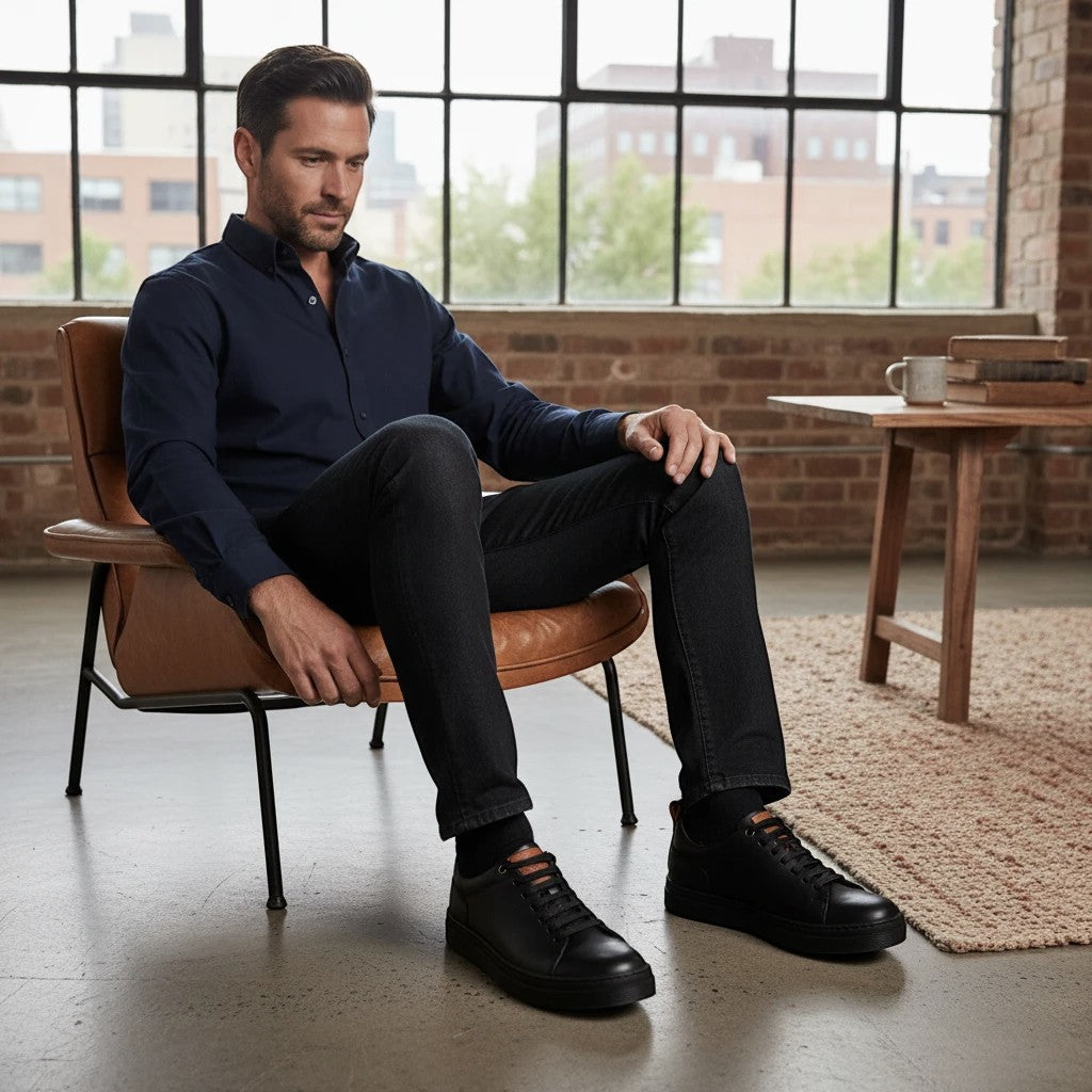 Zapatilla Calán Negro de cuero para hombre de OLKI. Diseño minimalista con cordones y suela negra.