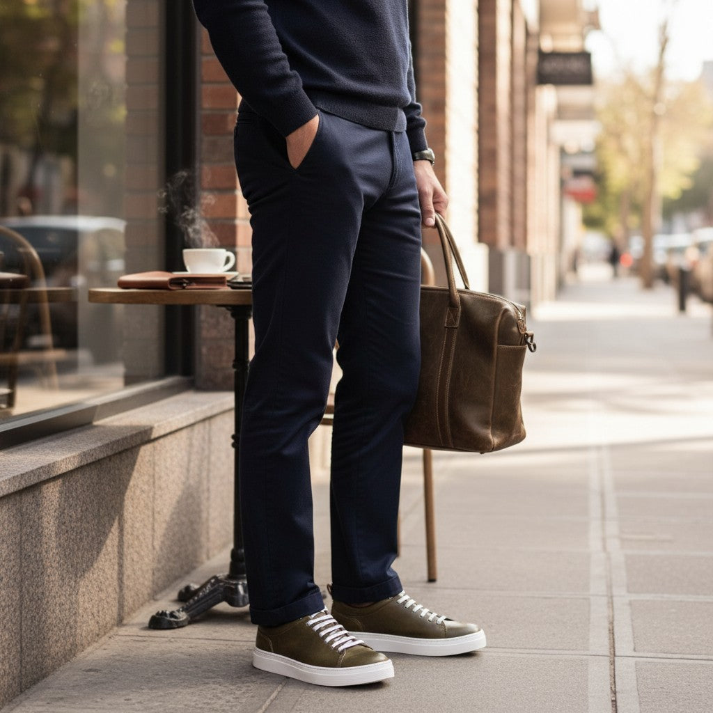 Zapatilla Calán verde musgo de cuero con cordones blancos y suela blanca de OLKI.