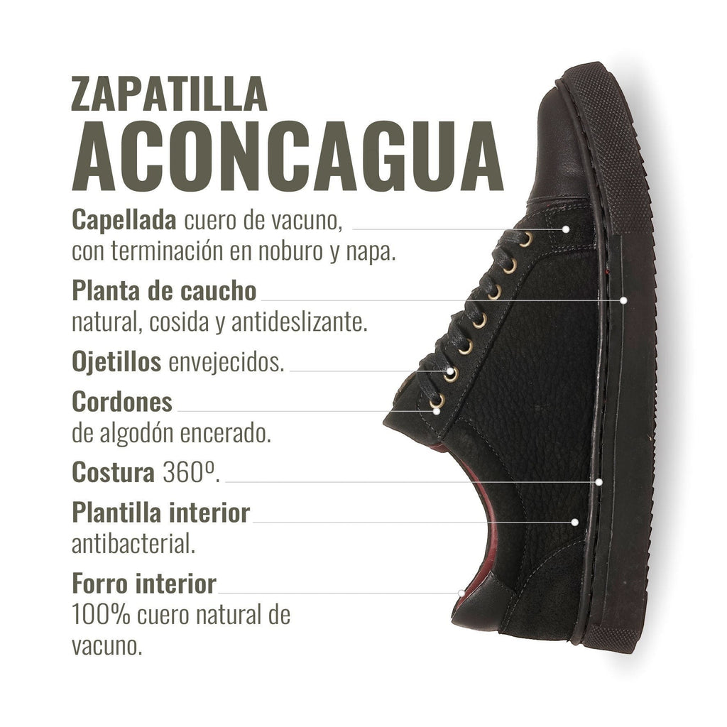 Zapatilla Aconcagua negra de cuero de vacuno con cordones de algodón encerado y planta de caucho antideslizante. OLKI