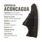 Zapatilla Aconcagua negra de cuero de vacuno con cordones de algodón encerado y planta de caucho antideslizante. OLKI