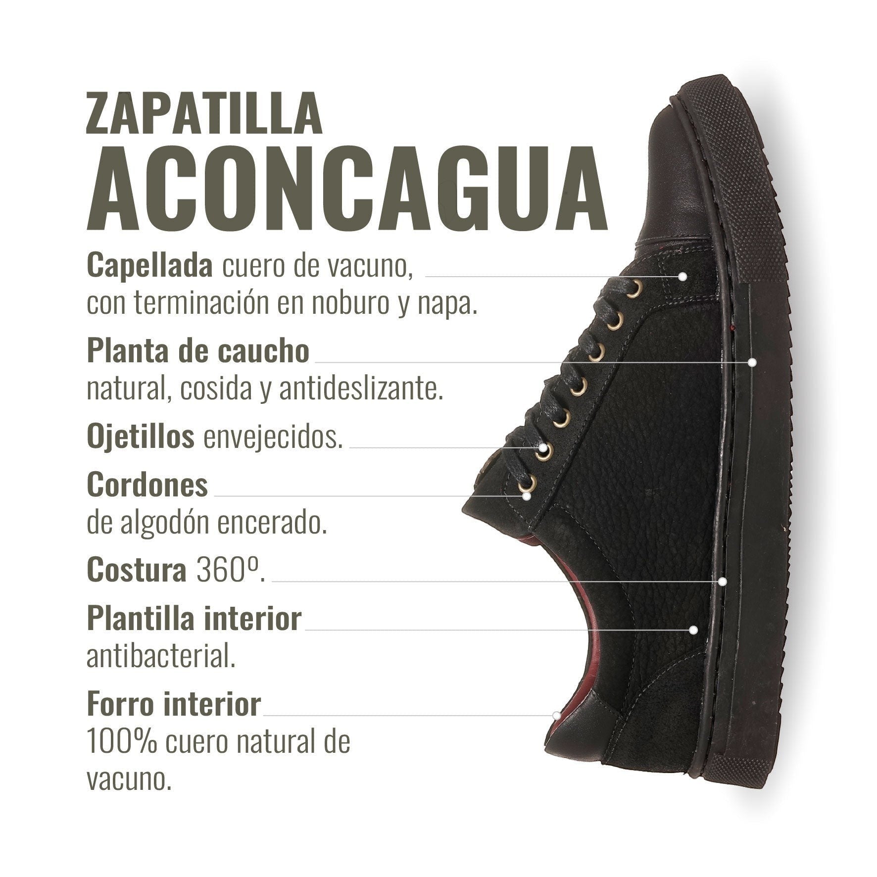 Zapatilla Aconcagua negra de cuero de vacuno con cordones de algodón encerado y planta de caucho antideslizante. OLKI