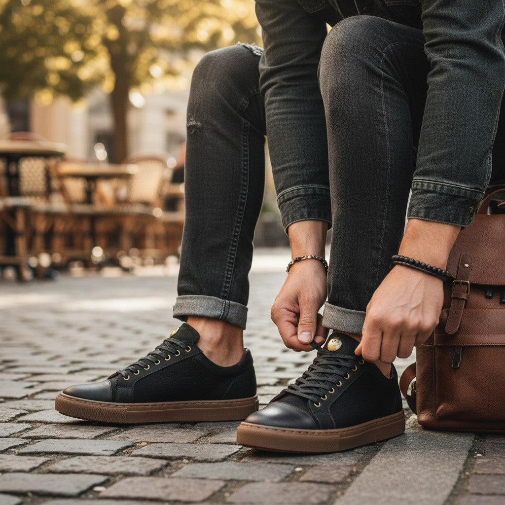 Zapatilla casual de cuero negro OLKI con detalles camel, suela marrón y forro burdeos. Ojales dorados.