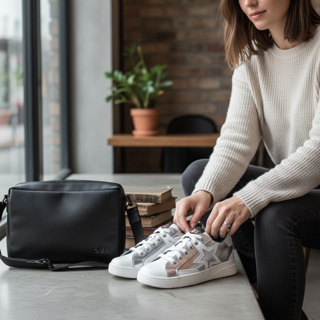 Zapatilla OLKI Loica blanca con detalle de estrella plateada, suela de plataforma y cordones blancos.