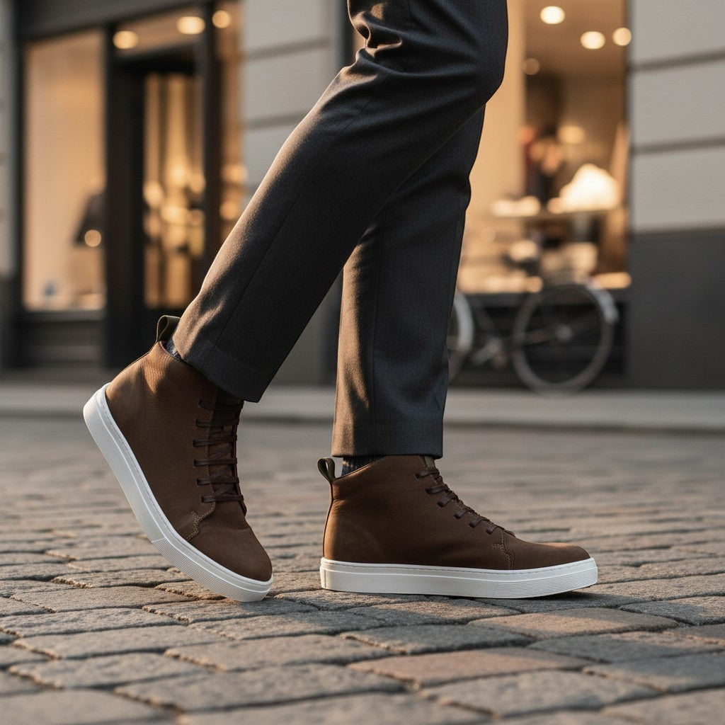 Zapatilla alta marrón chocolate de Nobuk de OLKI con cordones y suela blanca de perfil grueso. Diseño urbano y cómodo.