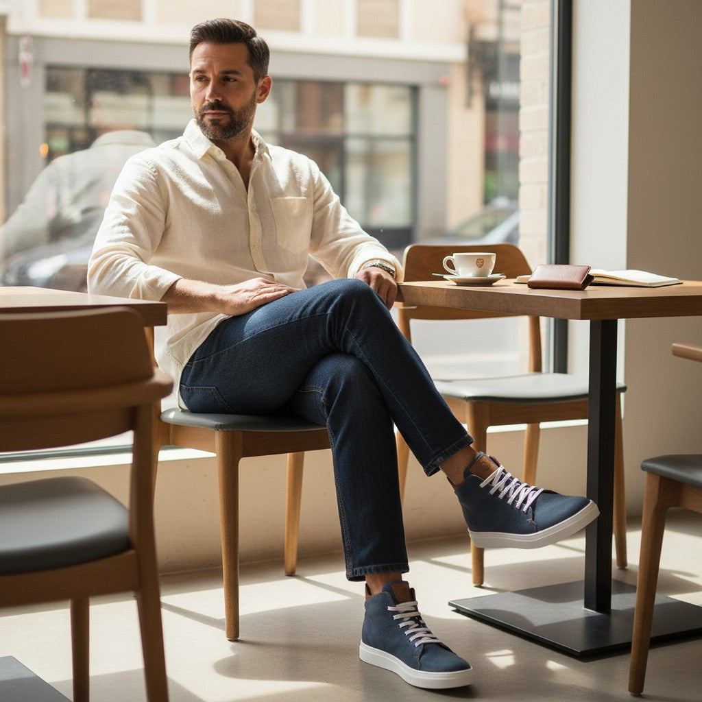 Zapatillas altas OLKI Manquehue de cuero azul marino con cordones blancos y suela blanca de perfil grueso.