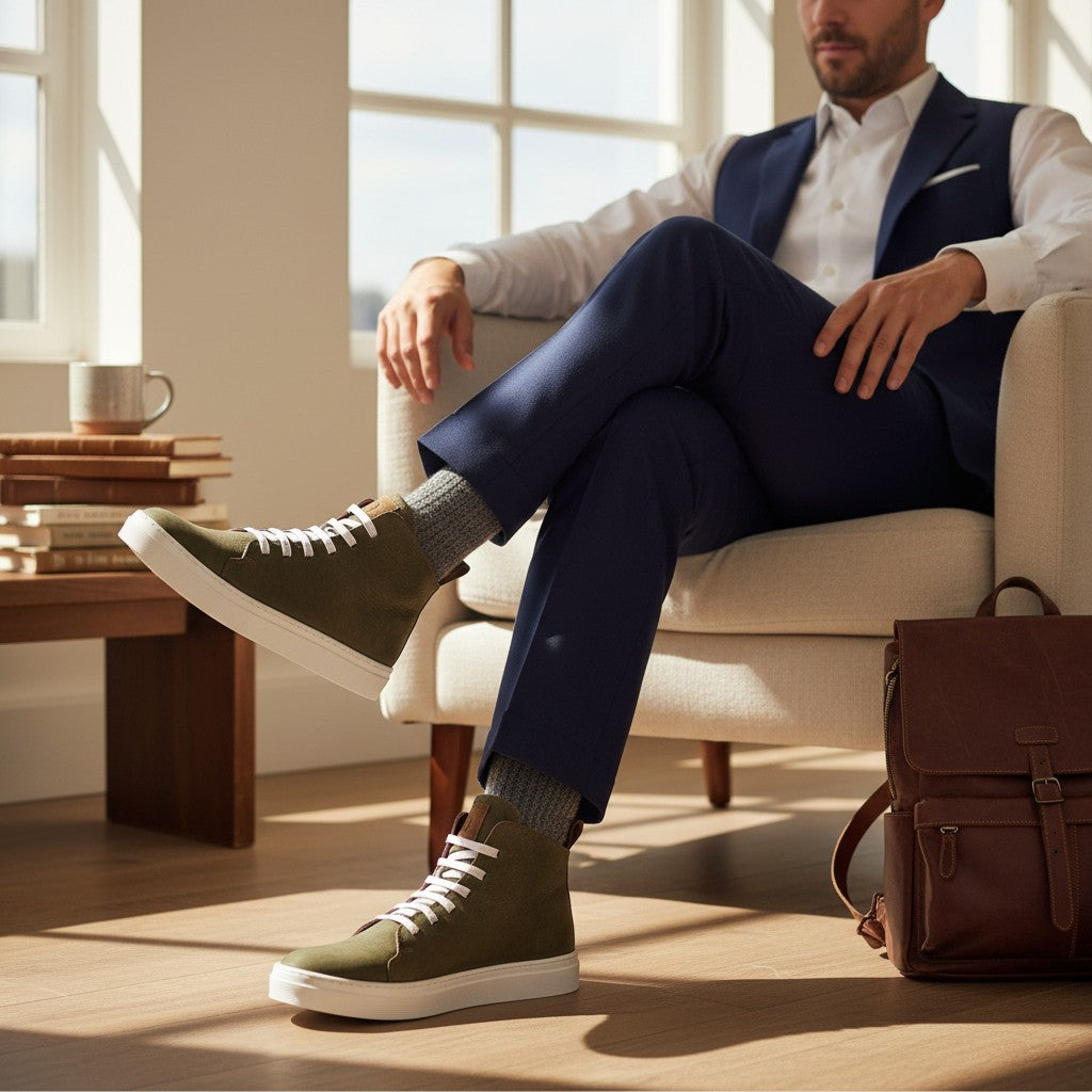 Zapatillas altas OLKI Manquehue de nobuk verde musgo con cordones blancos y suela blanca gruesa.