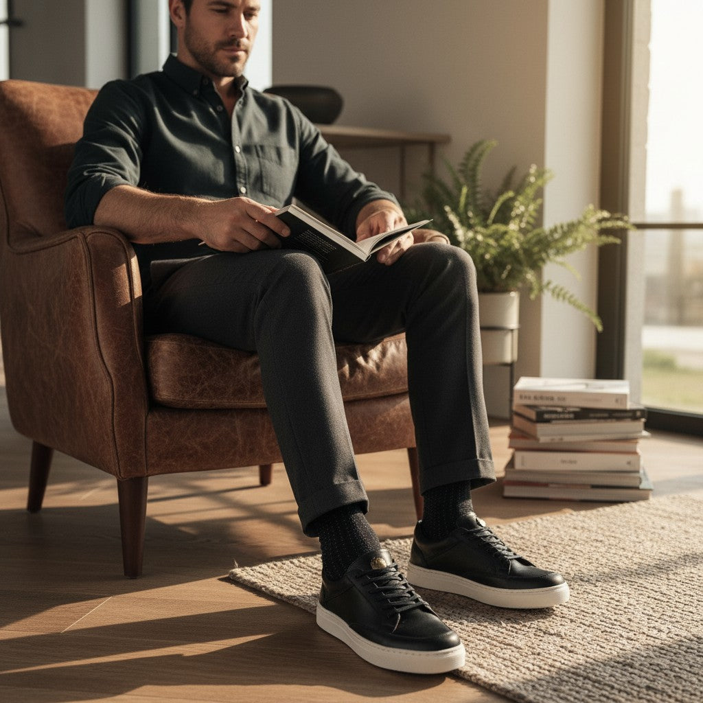 Zapatilla OLKI La Campana negra de cuero con planta blanca y forro burdeos. Diseño urbano y minimalista.
