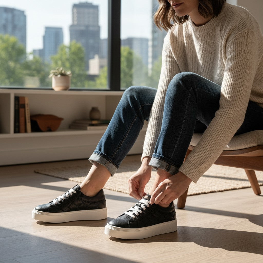 Zapatilla OLKI Real negra de piel con acolchado lateral y suela blanca de plataforma.